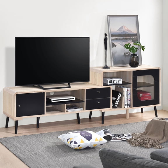 Kings Brand Furniture Nathan 75-Inch TV Stand Oak/Black Entertainment Center & Media Console with Drawers, Open & Closed Storage