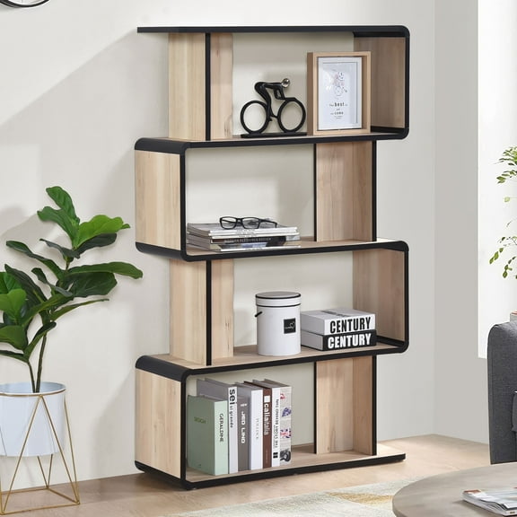 Kings Brand Furniture Nathan Modern 4-Tier Wooden Display Book Shelf Bookcase – Shelving Rack Unit Organizer for Living Room, Bedroom and Home Office – Perfect for Books, Plants, Oak/Black