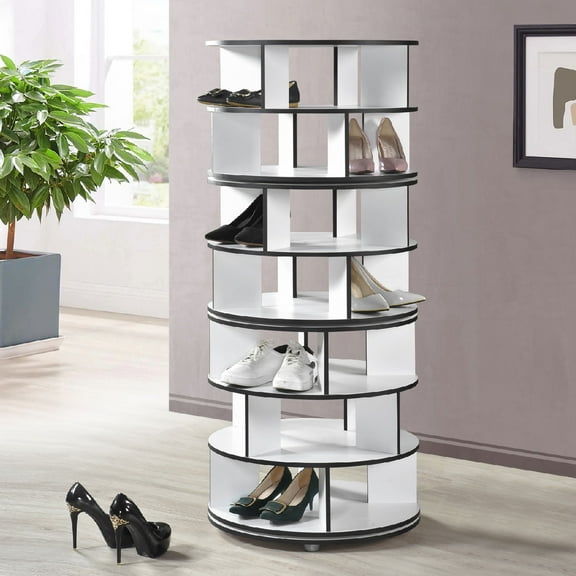 Kings Brand Furniture Revolving Shoe Rack, Spinning Shoe Rack Tower, 360° Revolving Shoe Storage Organizer for Closet Entryway Bedroom Hallway (White, 7-Tier)