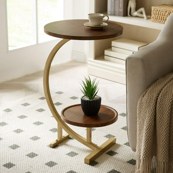 Kings Brand Furniture Rouge C-Shaped Side Table – Faux Marble Top & Gold Metal Frame Modern Accent Table, Sofa Table (Brown)