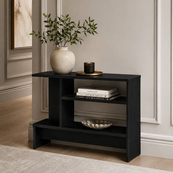 Kings Brand Furniture Rowan Console Table with Storage, 3-Tier Sofa Table with Open Shelves, Modern Rectangular Entryway Accent Table for Living Room, Hallway or Behind Couch, Oak Black Finish