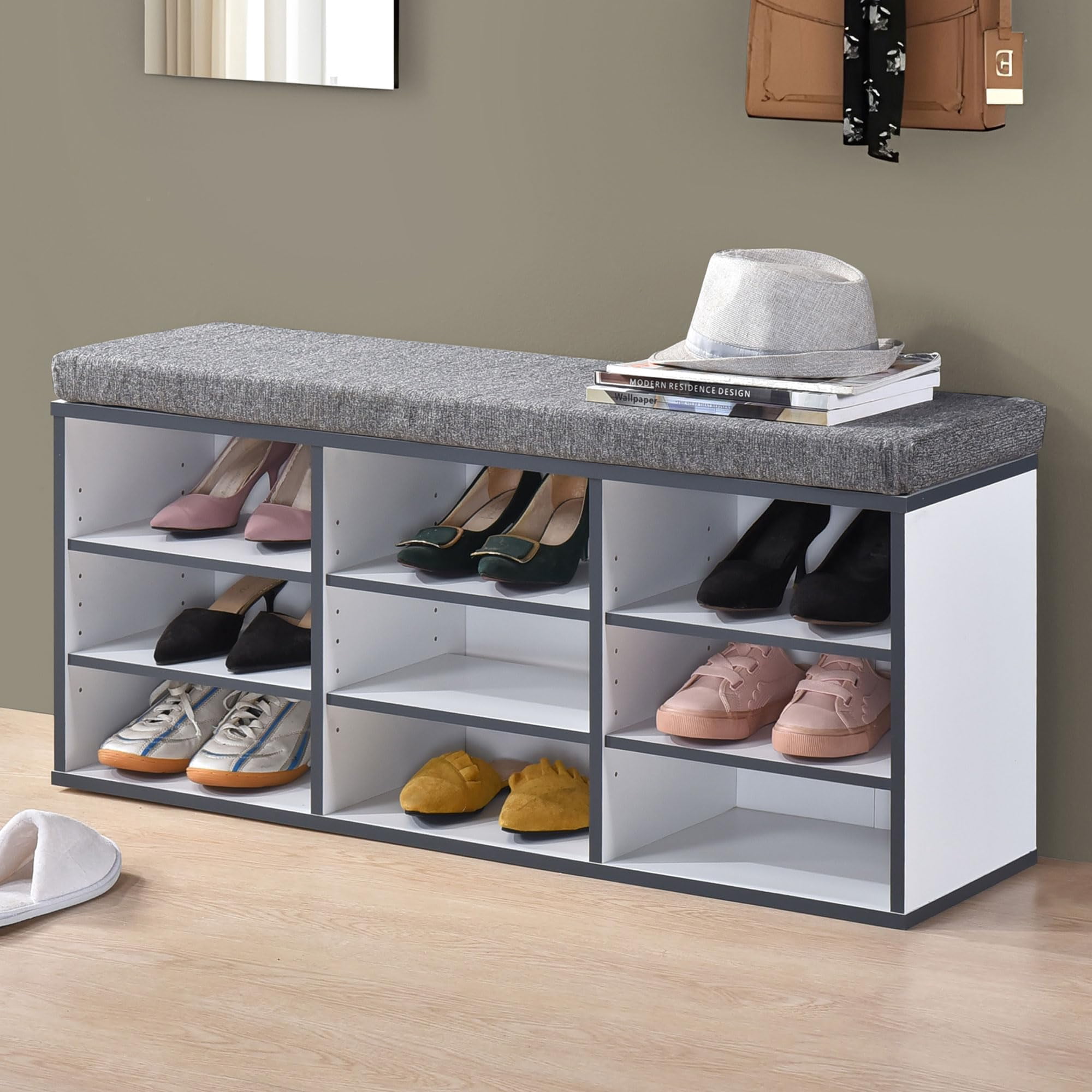 Kings Brand Furniture Shoe Storage Bench with Cushion, 9 Cubbies Shoe ...