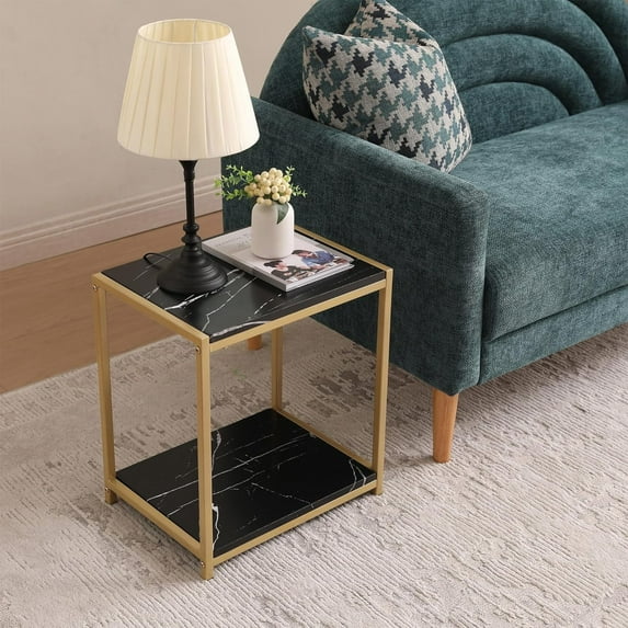 Kings Brand Furniture Side End Table – Black Faux Marble Shelves & Gold Metal Frame for Bedroom & Living Room