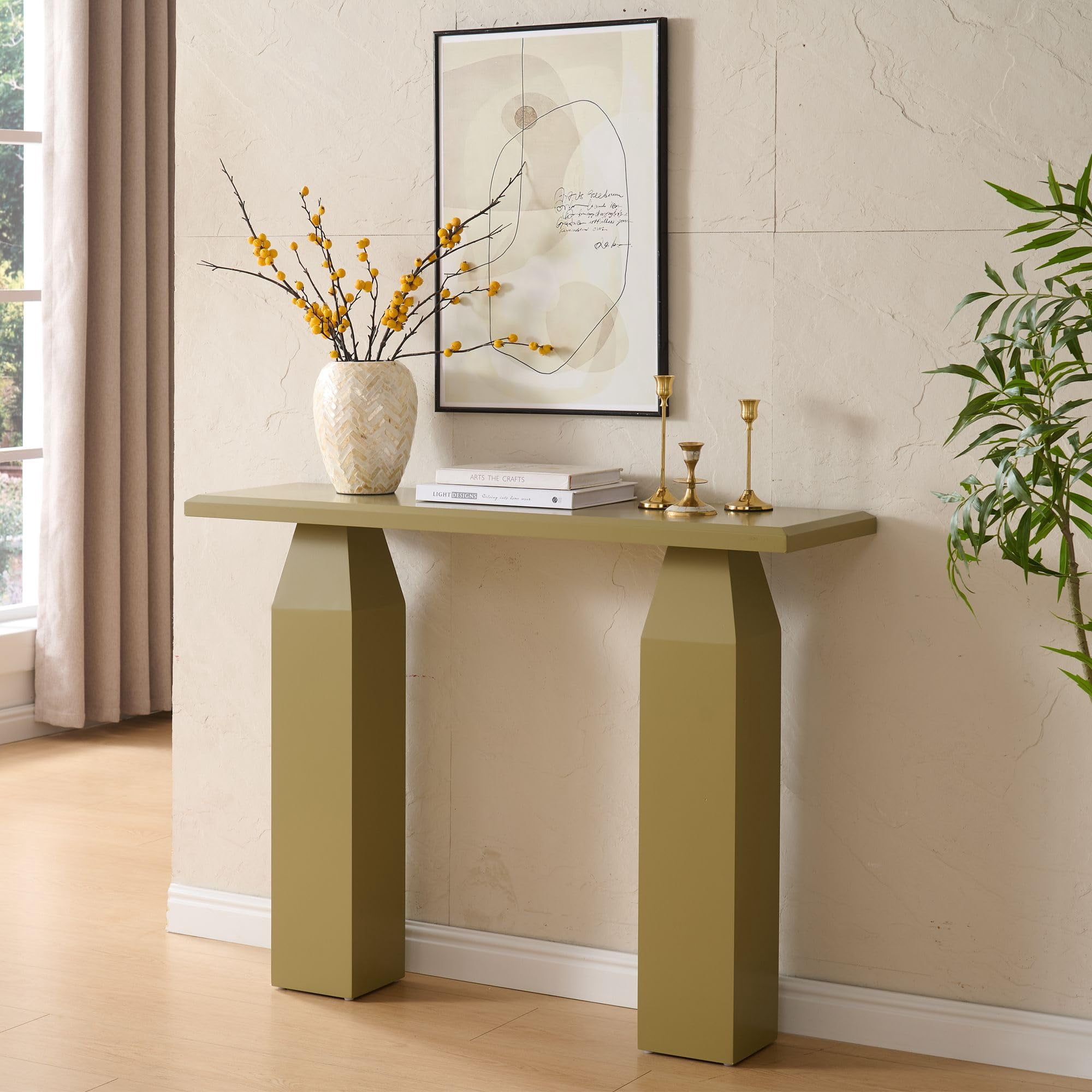Kings Brand Furniture Sienna Console Table – Wood Rectangular Entryway & Sofa Table with Tapered Pedestal Legs, Modern Narrow Accent Table for Living Room, Hallway, or Behind Sofa (Lemon Pepper)