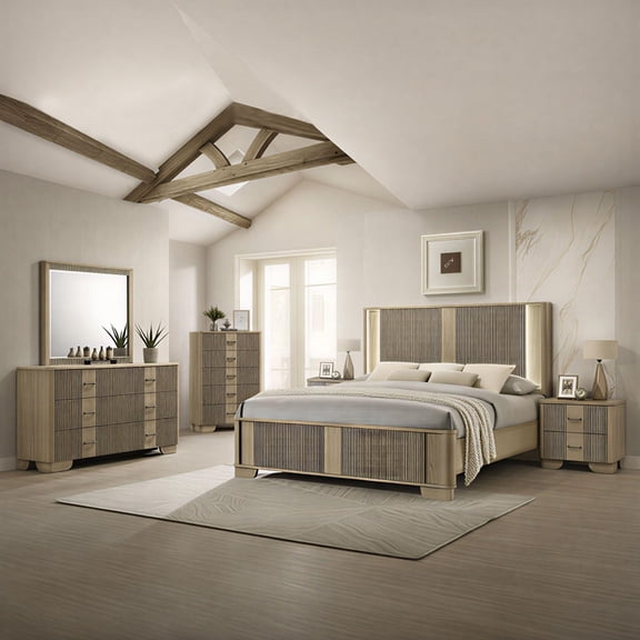 Kings Brand Furniture Sierra 6-Piece King Bedroom Set – White Oak Bed Frame, 6-Drawer Dresser with Mirror, 5-Drawer Chest & 2 Nightstands, Modern Bedroom Furniture Set