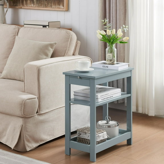 Kings Brand Furniture - Slim Wood Side End Table with Storage Shelves & Pull-Out Tray, Nightstand for Bedroom, Living Room, Ice Blue