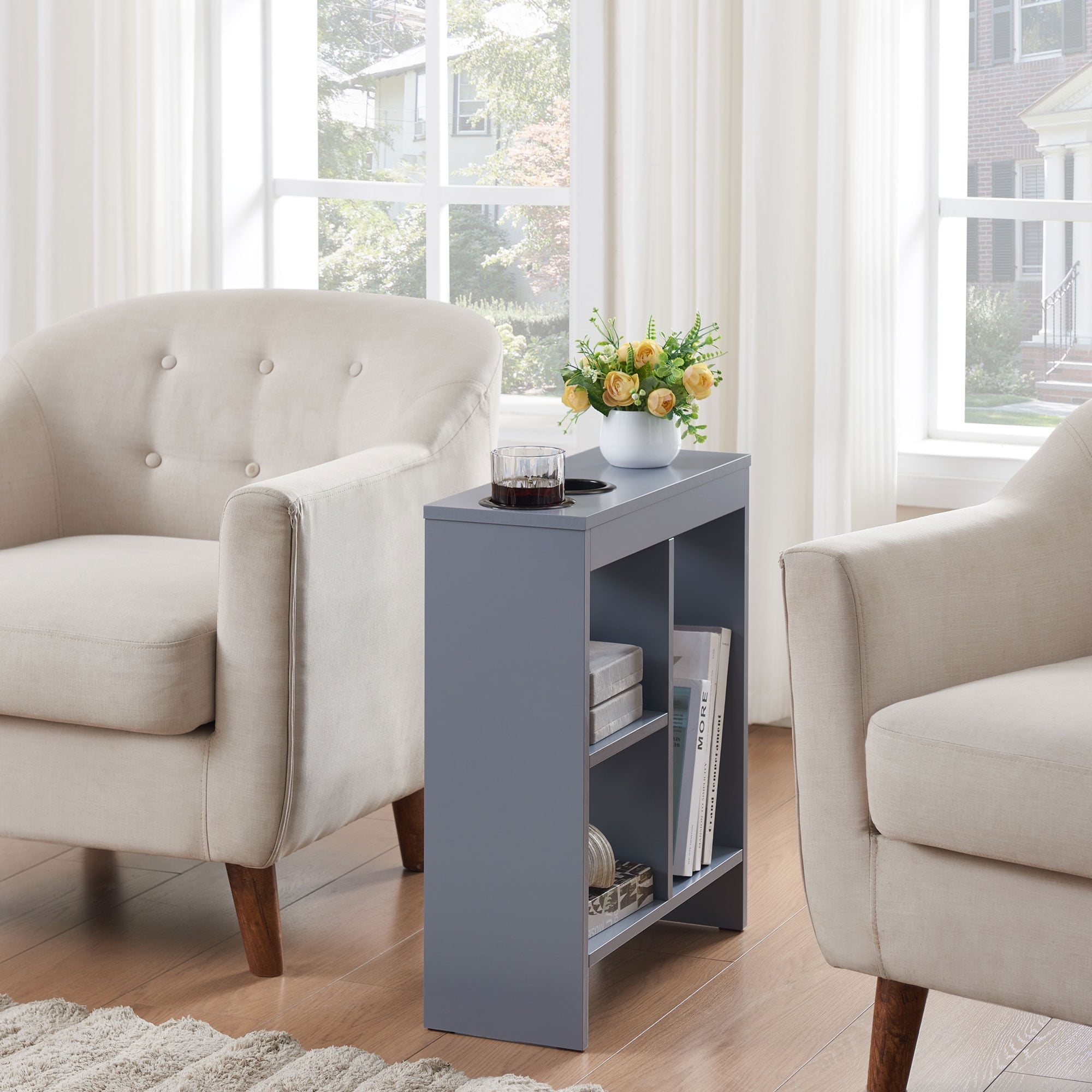 Kings Brand Furniture Narrow Side End Table with Drink Holders & Storage Shelves, Slim Sofa Table with Magazine Holder for Living Room, Bedroom, or Office – Gray