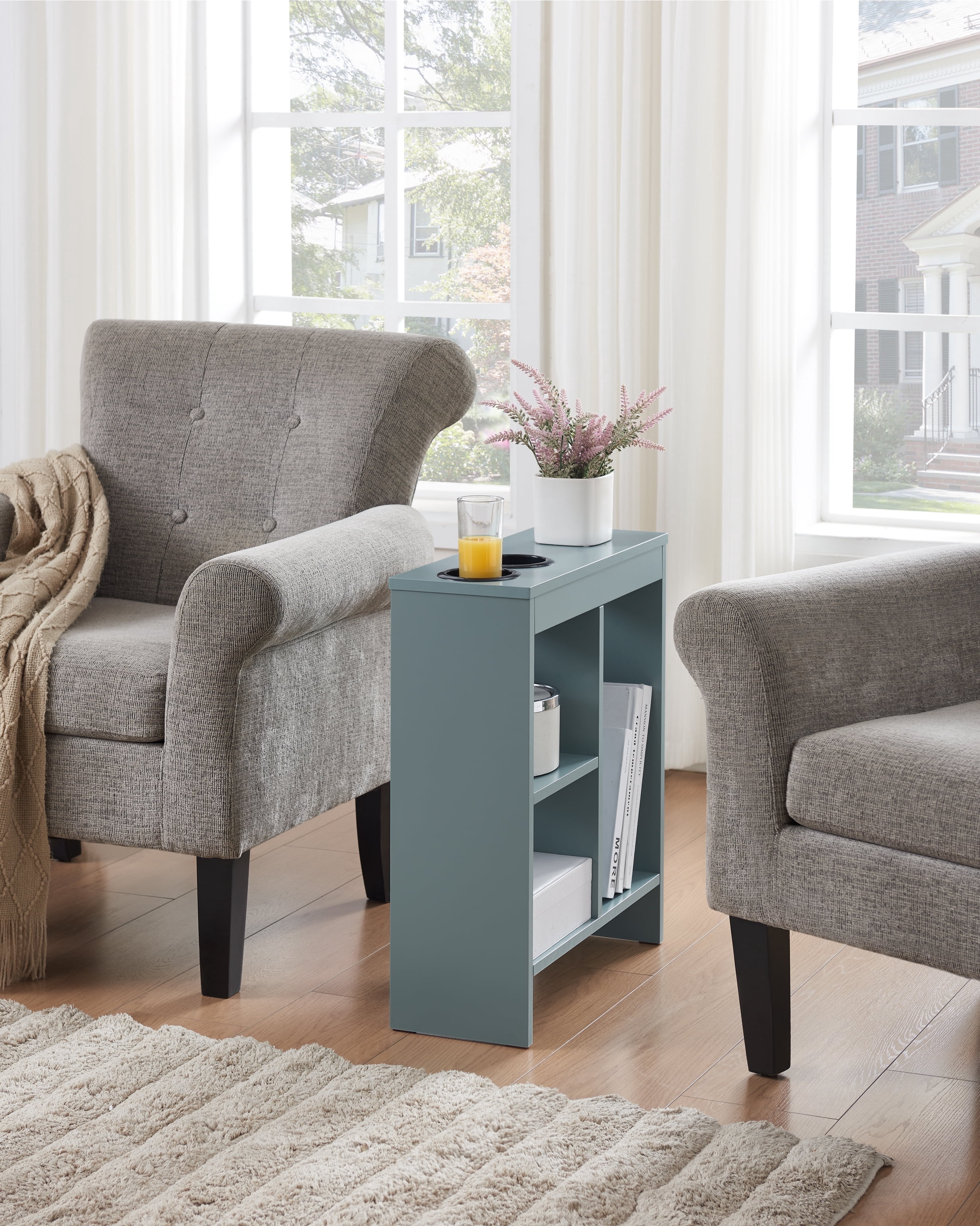 Kings Brand Furniture Narrow Side End Table with Drink Holders & Storage Shelves, Slim Sofa Table with Magazine Holder for Living Room, Bedroom, or Office – Ice Blue