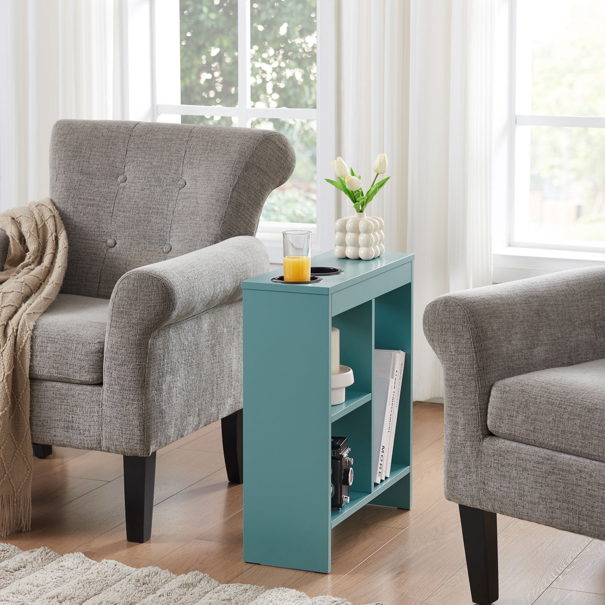 Kings Brand Furniture Slim Wood Side Table with Drink Holders and 3 Open Shelves, Teal