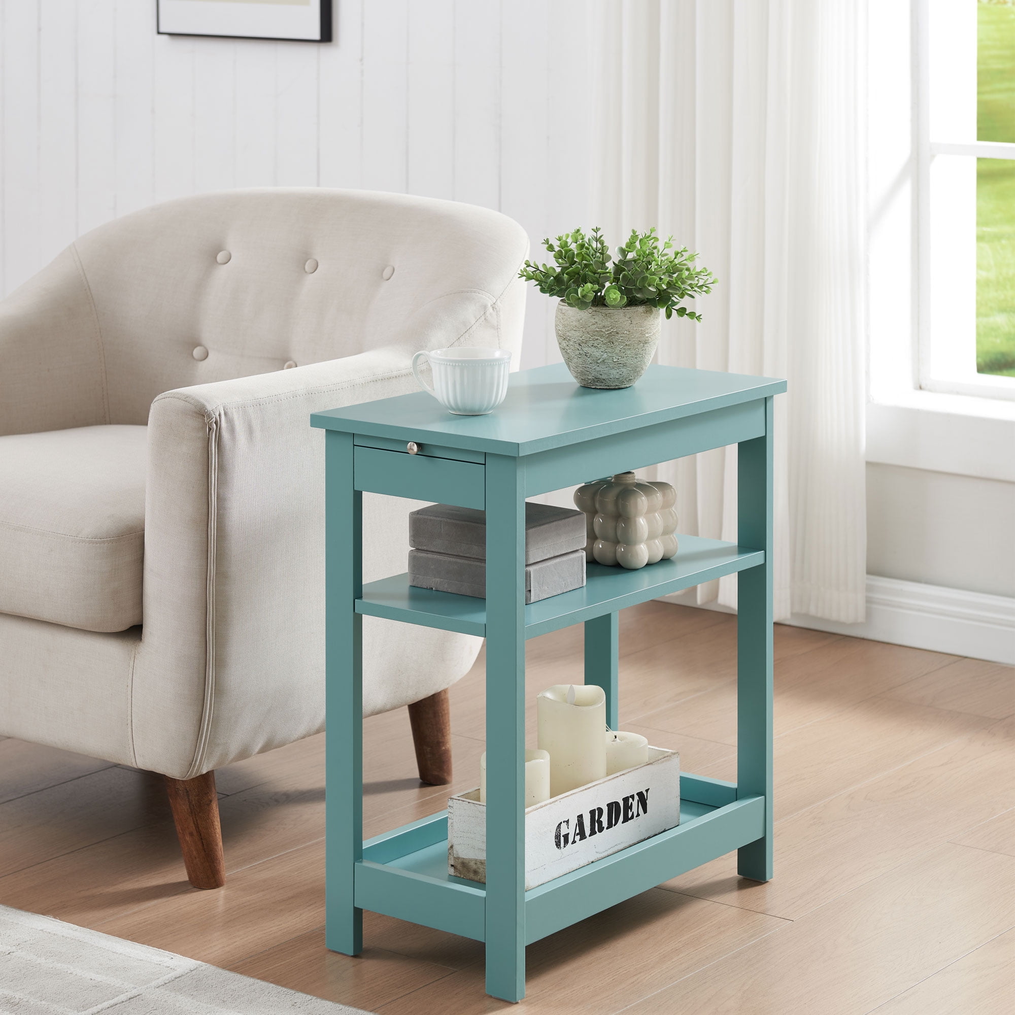 Kings Brand Furniture - Slim Wood Side End Table with Storage Shelves & Pull-Out Tray, Nightstand for Bedroom, Living Room, Teal