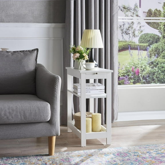 Kings Brand Furniture - Slim Wood Side End Table with Storage Shelves & Pull-Out Tray, Nightstand for Bedroom, Living Room, White