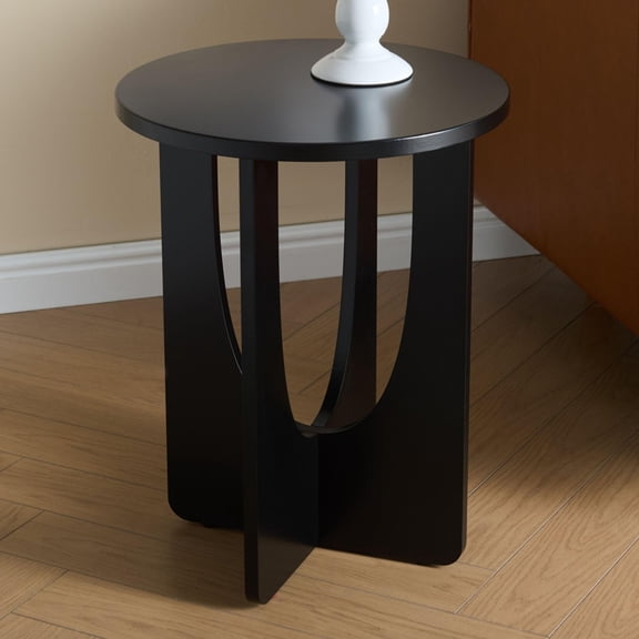 Kings Brand Furniture Theo Modern End Table – Round Wood Accent Table with Sculptural U-Shaped Base for Living Room, Bedroom, or Office (Black)