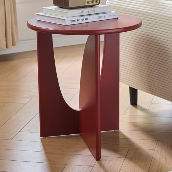 Kings Brand Furniture Theo Modern End Table – Round Wood Accent Table with Sculptural U-Shaped Base for Living Room, Bedroom, or Office (Red)