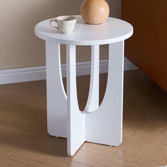 Kings Brand Furniture Theo Modern End Table – Round Wood Accent Table with Sculptural U-Shaped Base for Living Room, Bedroom, or Office (White)