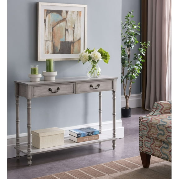 Kings Brand Furniture Traditional 2-Drawer Console Table with Lower Shelf, Washed Oak