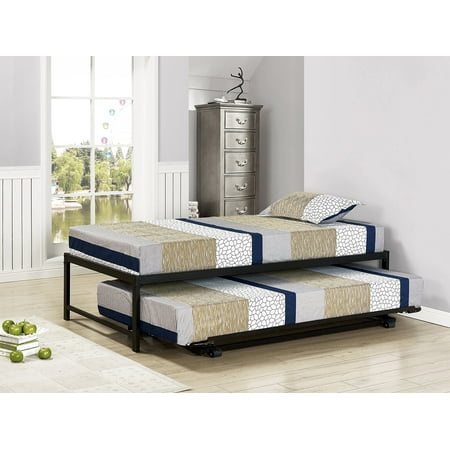 Kings Brand Furniture Twin Size Hi-Riser Black Metal Platform Bed with Pop-up Trundle