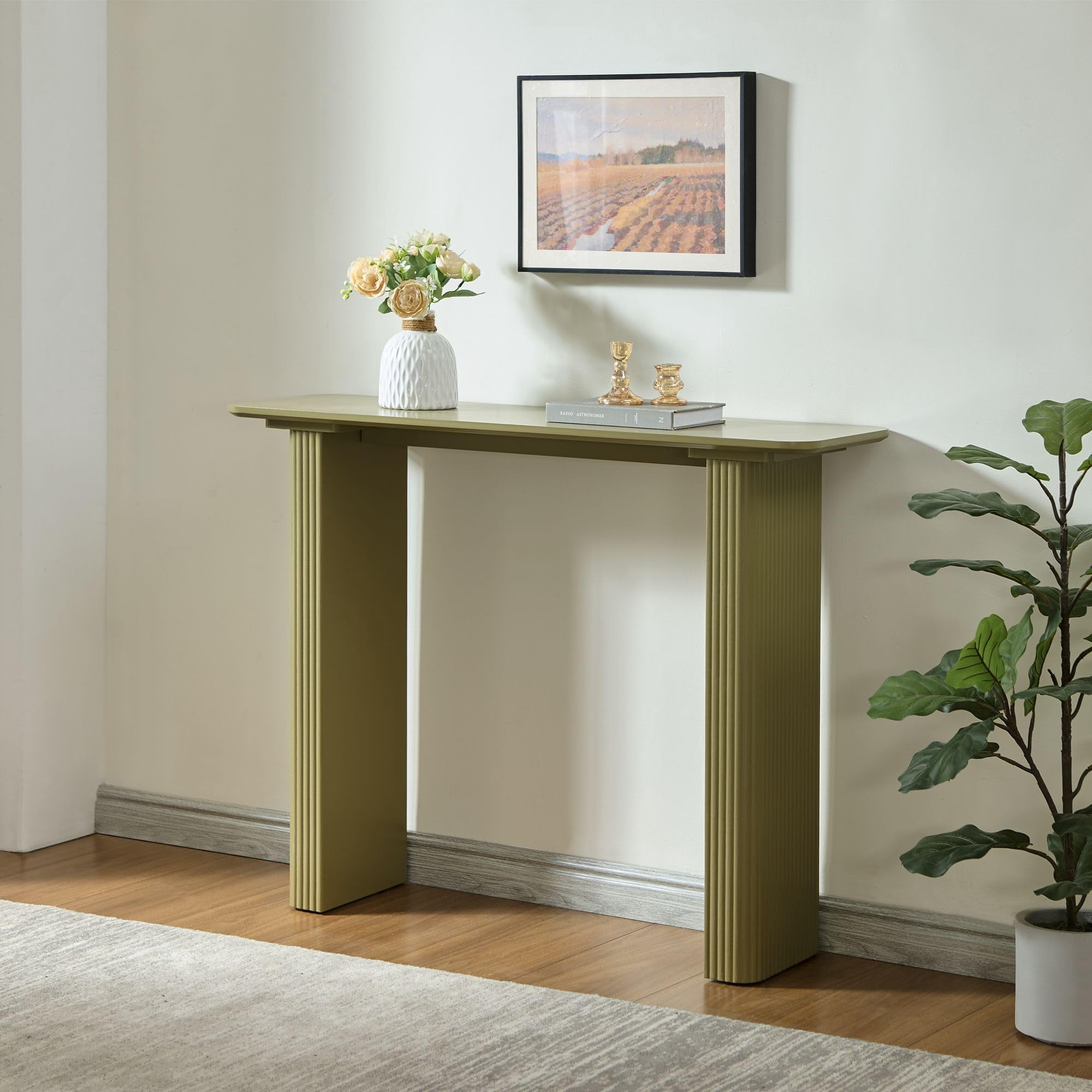 Kings Brand Furniture Varenne Console Table – Contemporary Rectangular Wood Entryway Table with Fluted Architectural Legs, Slim Design for Hallway, Foyer, or Living Room (Lemon Pepper)