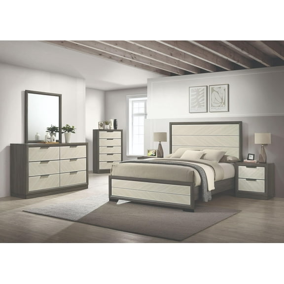 Kings Brand Furniture Visalia 6-Piece Slim Profile Design Bedroom Set in White/Grey Wood Finish - Bed Frame with Headboard, Chest, Dresser, Mirror and 2 Nightstands (King)
