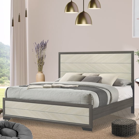 Kings Brand Furniture Visalia Wooden Bed Frame with Headboard in White and Grey Finish (Queen)