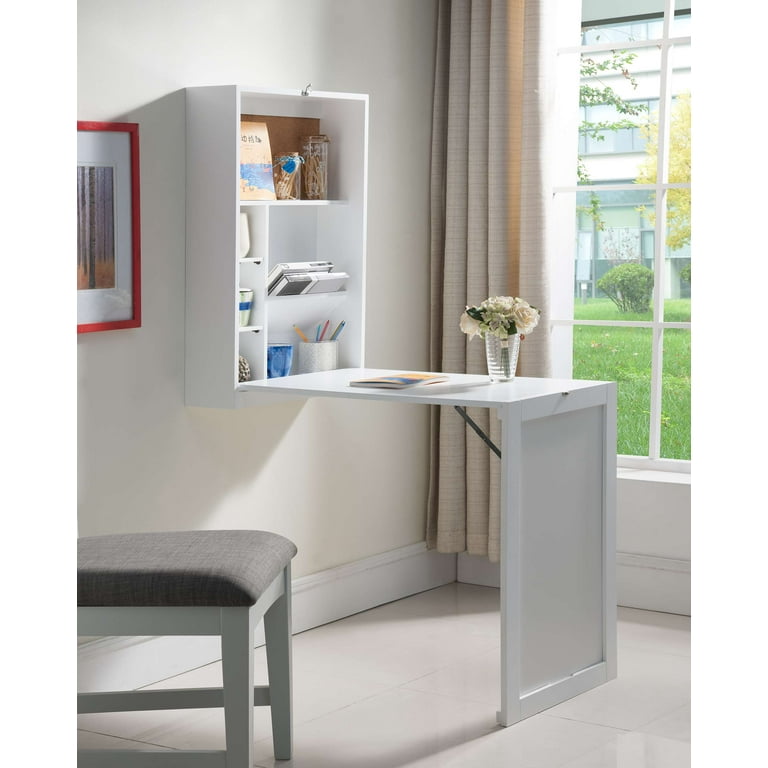 Kings Brand Furniture Wall Mounted Fold Out Writing Desk with Storage White
