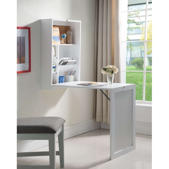 Kings Brand Furniture White Wall-Mounted Fold-Out Writing Desk – Space-Saving Workstation with Storage Shelves