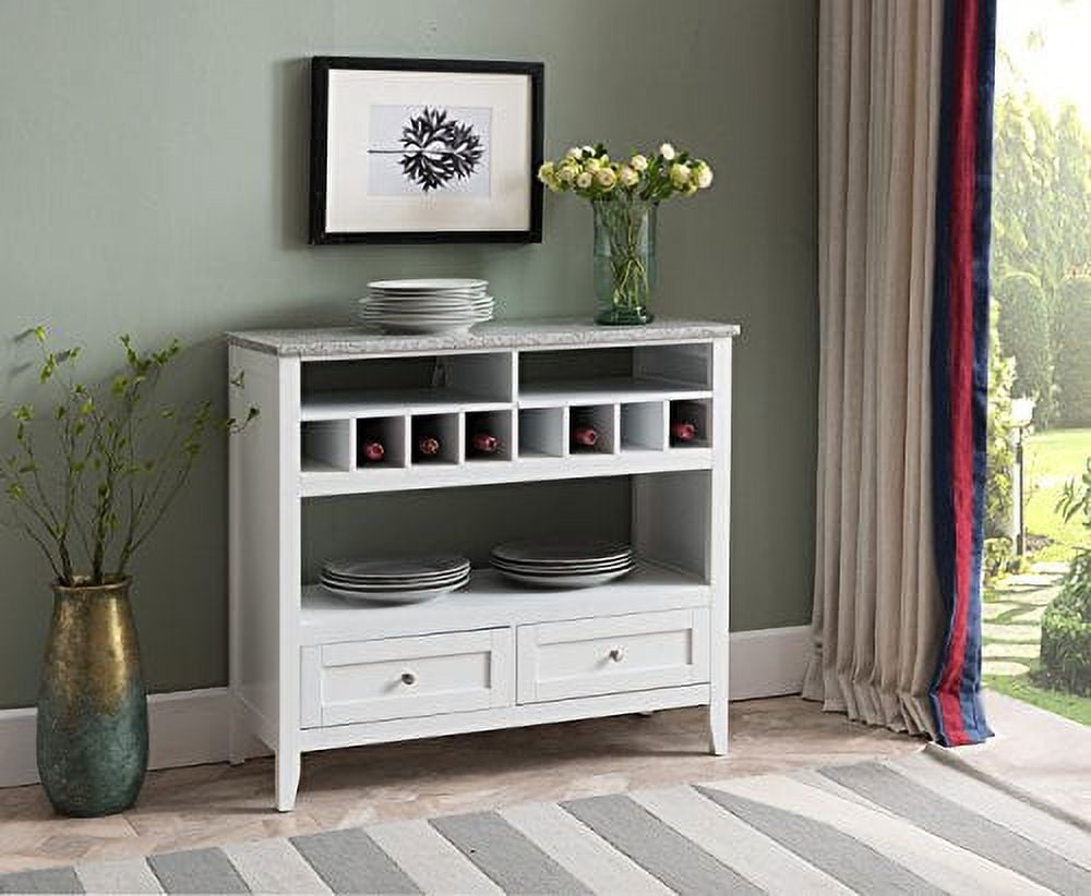 Kings Brand Buffet Console Table – White With Marble Finish Top, Wine Rack, Drawers & Shelves
