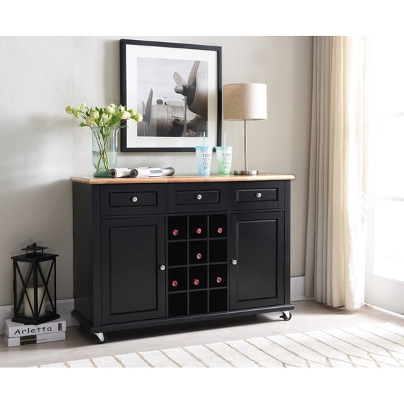 Kings Brand Furniture Wine Rack Buffet Cabinet with Storage, Sideboard Server Console Table with 3 Drawers, 2 Doors and Built-In Wine Storage for Dining Room, Kitchen and Living Room, Black