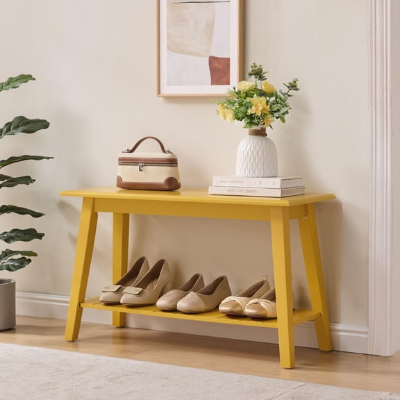 Kings Brand Furniture - Wood Bench with Storage Shelf for Entryway, Bathroom, Bedroom (Banana)