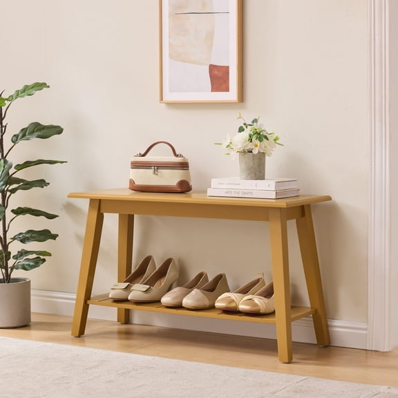 Kings Brand Furniture - Wood Bench with Storage Shelf for Entryway Bathroom Bedroom, Honey Mustard