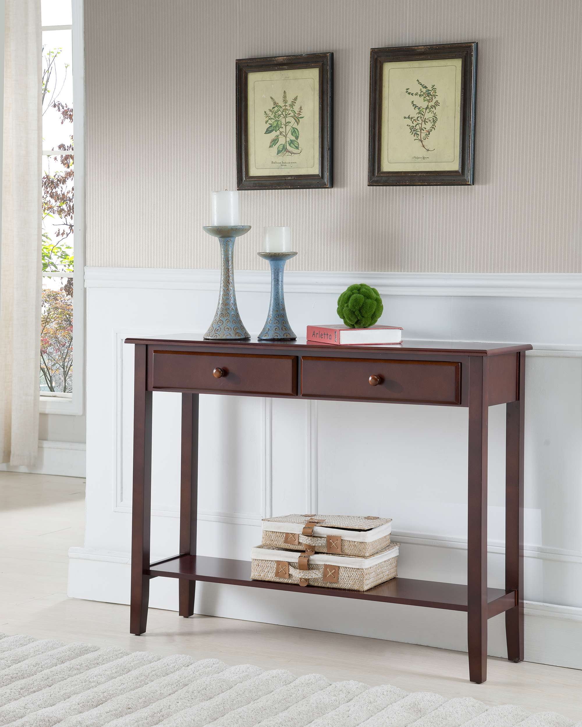 Kings Brand Furniture Console Entryway Table with 2 Drawers, Walnut Finish Wood