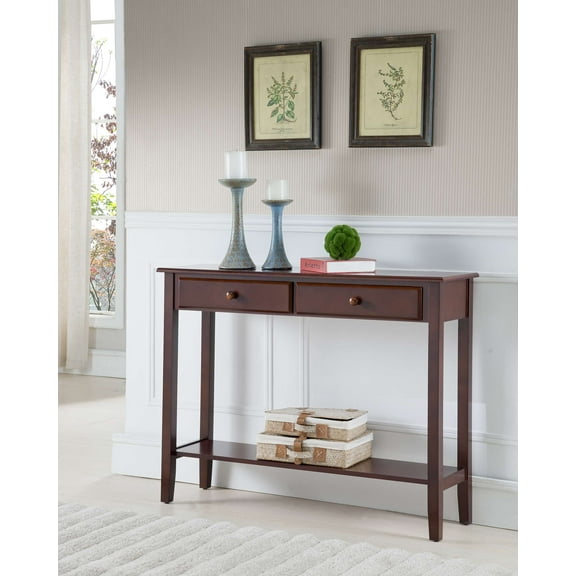 Kings Brand Furniture Wood Console Entryway Table with 2 Slim Drawers & Lower Shelf, Walnut