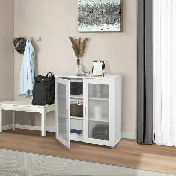 Kings Brand Furniture Wood Curio Accent Cabinet with 2 Frosted Glass Doors, 3 Inner Shelves, White
