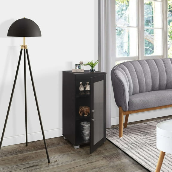 Kings Brand Furniture Wood Curio Accent Cabinet with Frosted Glass Door, 3 Inner Shelves, Black
