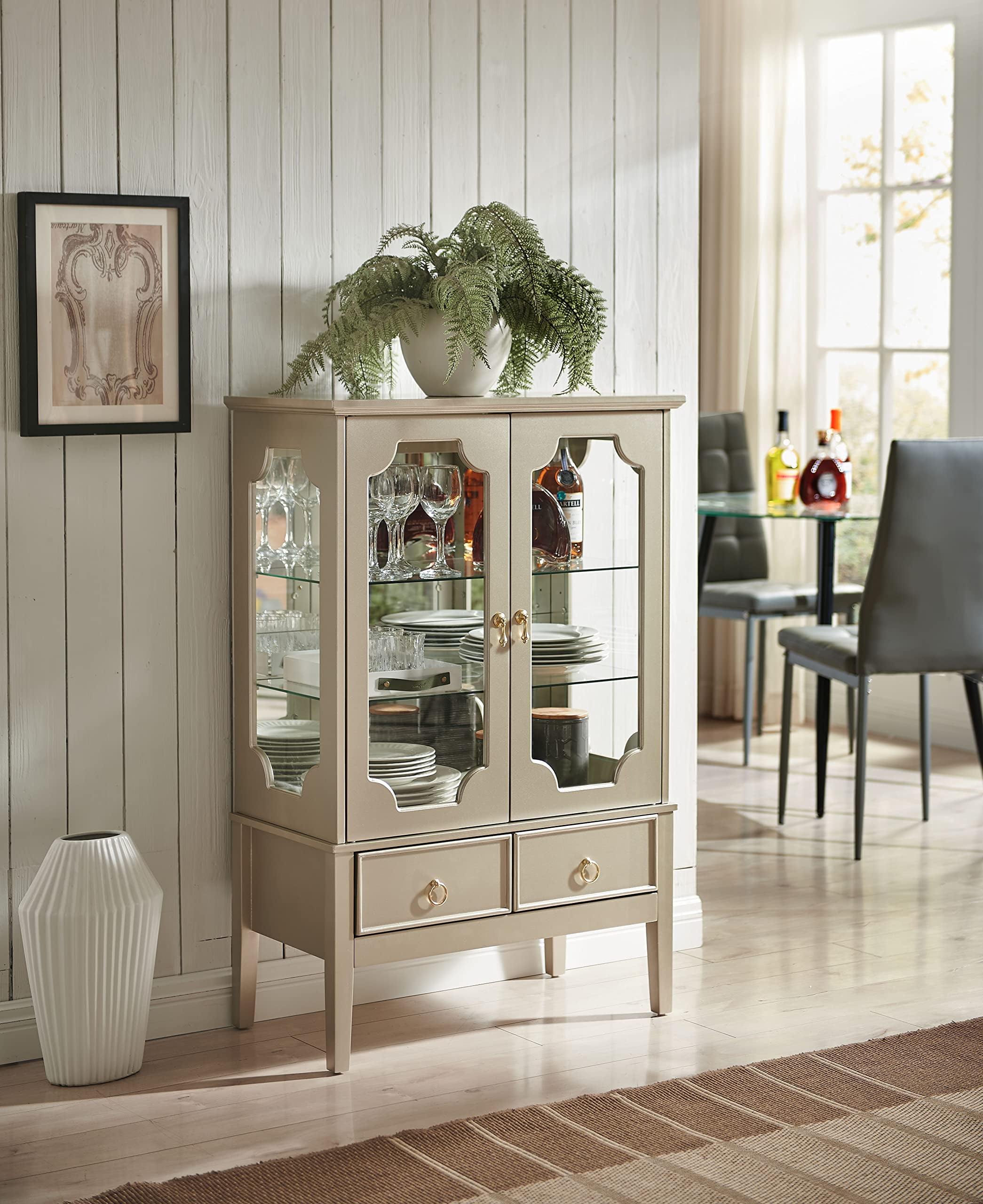 Kings Brand Furniture Wood Curio Display Storage Cabinet with 2 Glass Shelves & 2 Drawers (Gold)