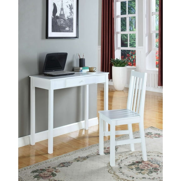 Kings Brand Furniture White Wood Writing Desk Home Office Workstation with Drawer & Sturdy 4-Leg Design