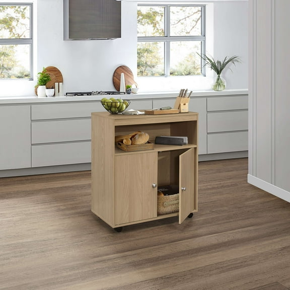 Kings Brand Furniture Beech Wood Kitchen Serving & Storage Cart – 2-Door Cabinet with Open Shelf for Dining & Cooking Spaces