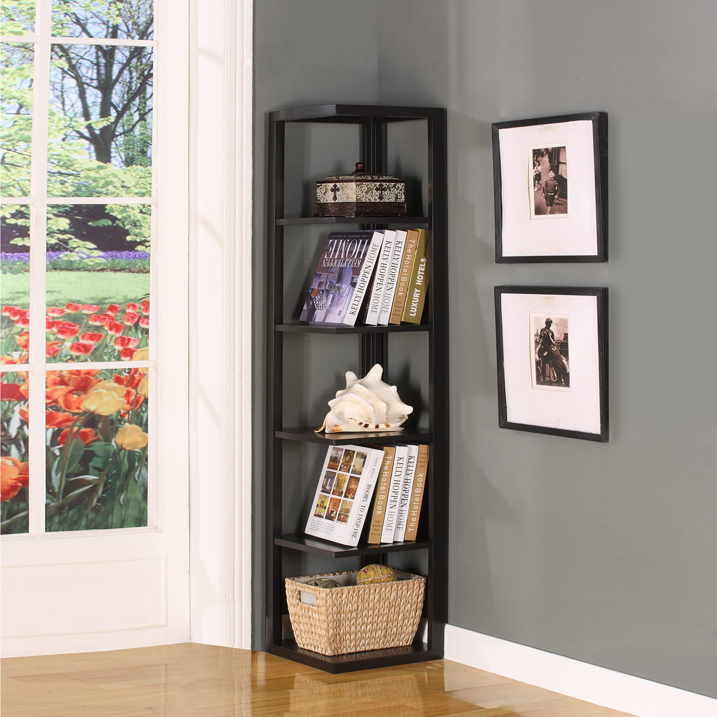 Kings Brand Furniture Wood Wall Corner Bookshelf with 5 Tiers for Living Room Bedroom, Espresso