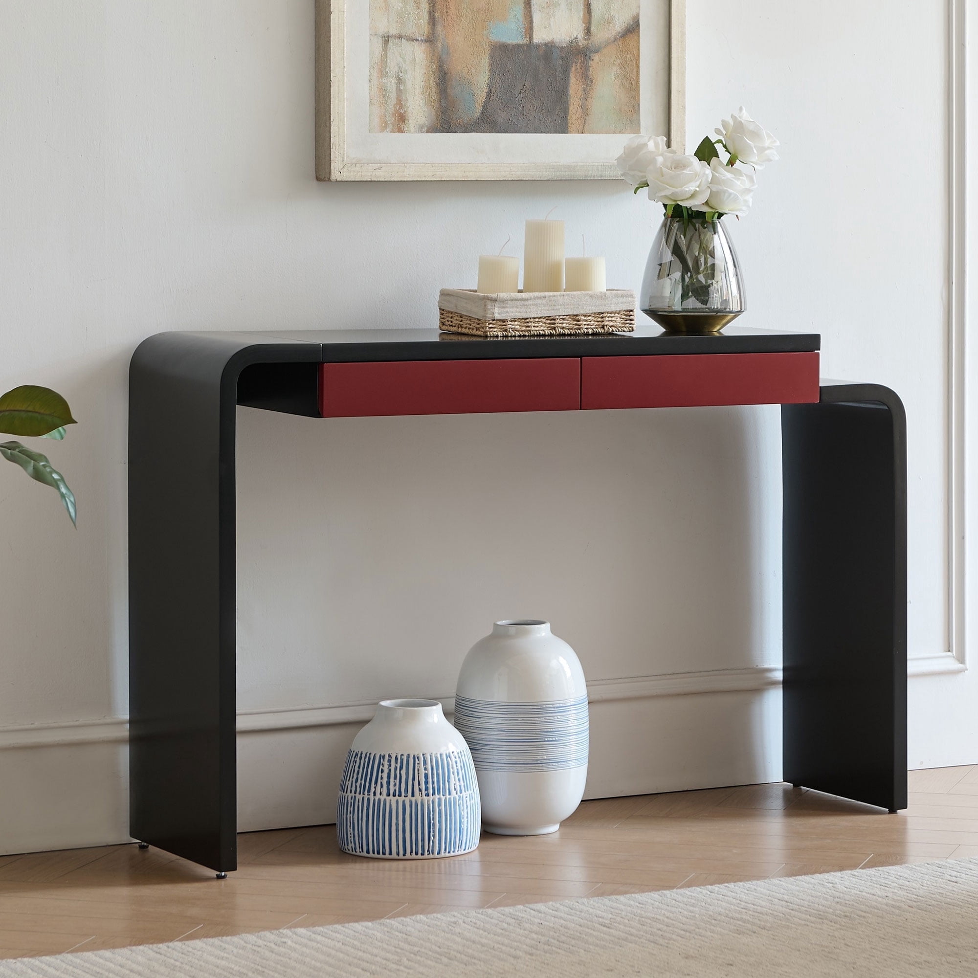 Kings Brand Furniture Yuma Wooden Console Table - Contemporary Thin Sofa Table, Side Table, Entryway Table with 2 Drawers Perfect for Hallway, Living Room, Foyer (Black)
