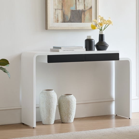 Kings Brand Furniture Yuma Wooden Console Table - Contemporary Thin Sofa Table, Side Table, Entryway Table, Display Table with 2 Drawers Perfect for Hallway, Living Room, Foyer (White with Black)