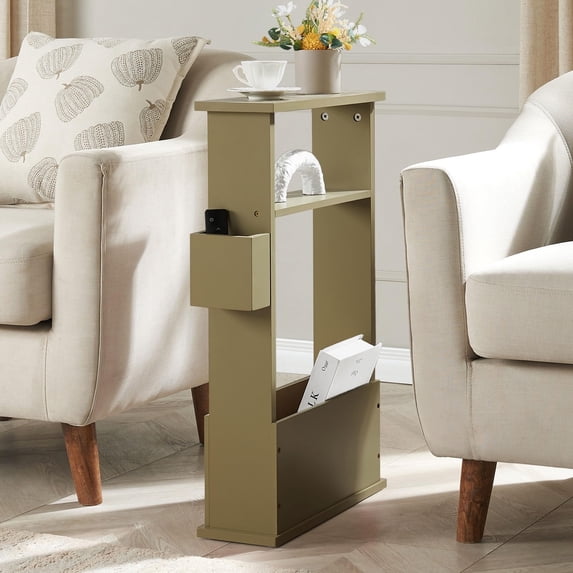 Kings Brand Furniture Narrow Side Table with Storage Shelf, Slim End Table with Magazine & Remote Holder, Small Space Bedside Table for Living Room or Bedroom, Lemon Pepper