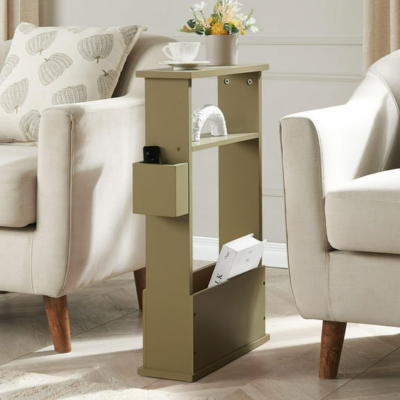 Kings Brand Furniture Zeke Narrow Side Table with Storage Shelf, Small Nightstand with Magazine Rack for Living Room, Bedroom (Lemon Pepper)