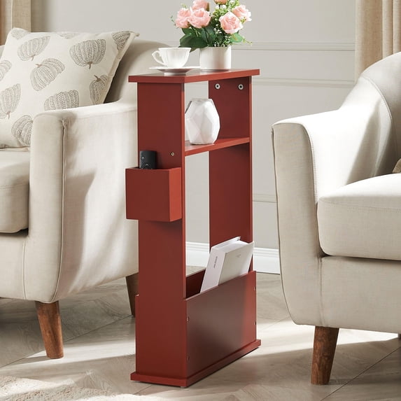 Kings Brand Furniture Narrow Side Table with Storage Shelf, Slim End Table with Magazine & Remote Holder, Small Space Bedside Table for Living Room or Bedroom, Red