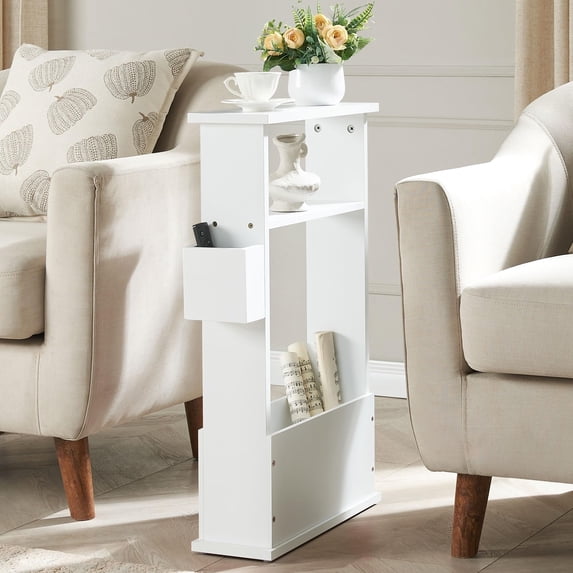 Kings Brand Furniture Narrow Side Table with Storage Shelf, Slim End Table with Magazine & Remote Holder, Small Space Bedside Table for Living Room or Bedroom, White