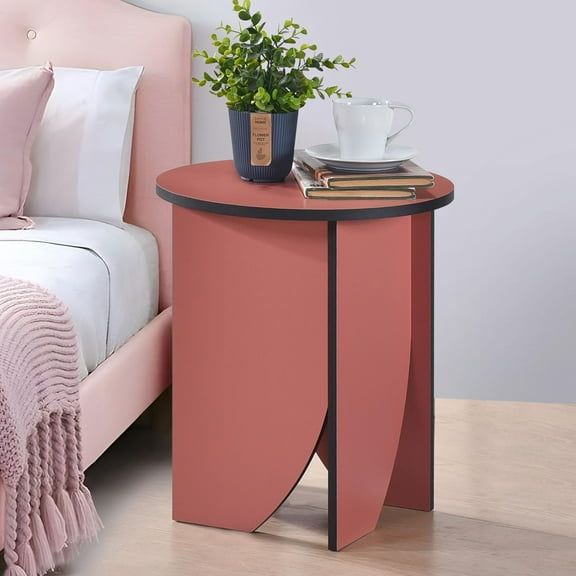 Kings Brand Furniture Zoe Modern Round End Table – Sculptural Base Panels, Accent Table for Living Room, Bedroom, or Office (Red)