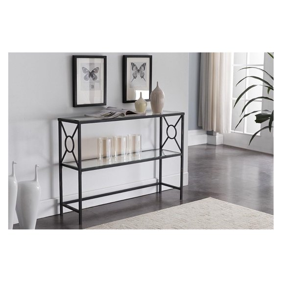 Kings Brand Loyd Texture Black Metal Entryway Console Sofa Table with Glass Shelf