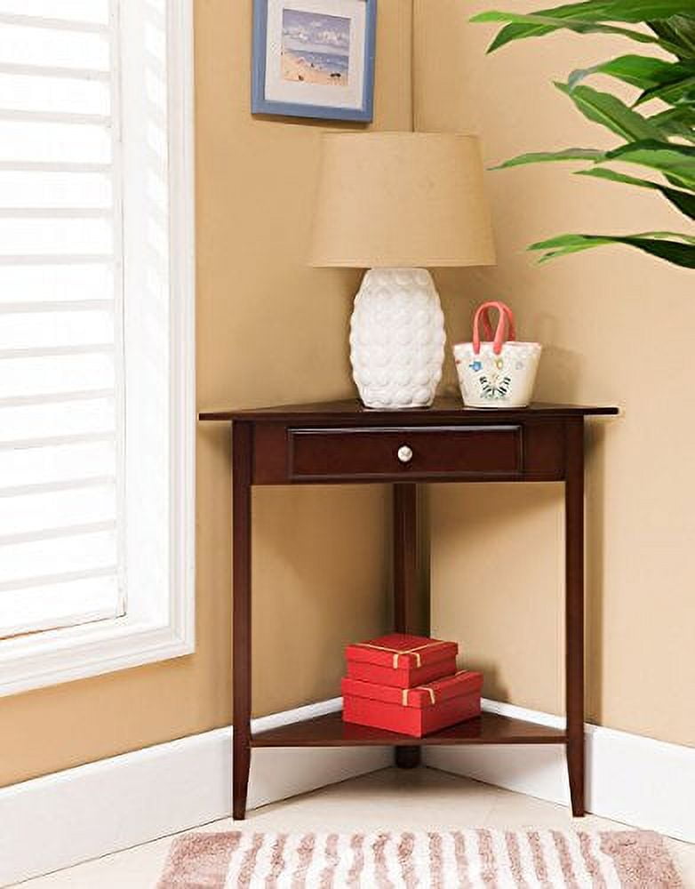 Walnut Finish Wood Corner Accent Table with Drawer and Shelf