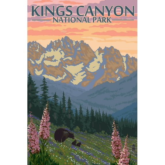 Kings Canyon National Park, Bear Family and Spring Flowers (24x36 Giclee Gallery Art Print, Vivid Textured Wall Decor)