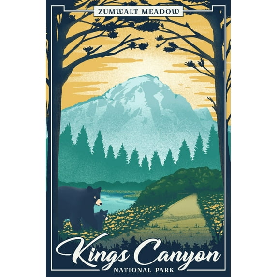 Kings Canyon National Park, California, Zumwalt Meadow, Lithograph National Park Series (12x18 Wall Art Poster, Room Decor)