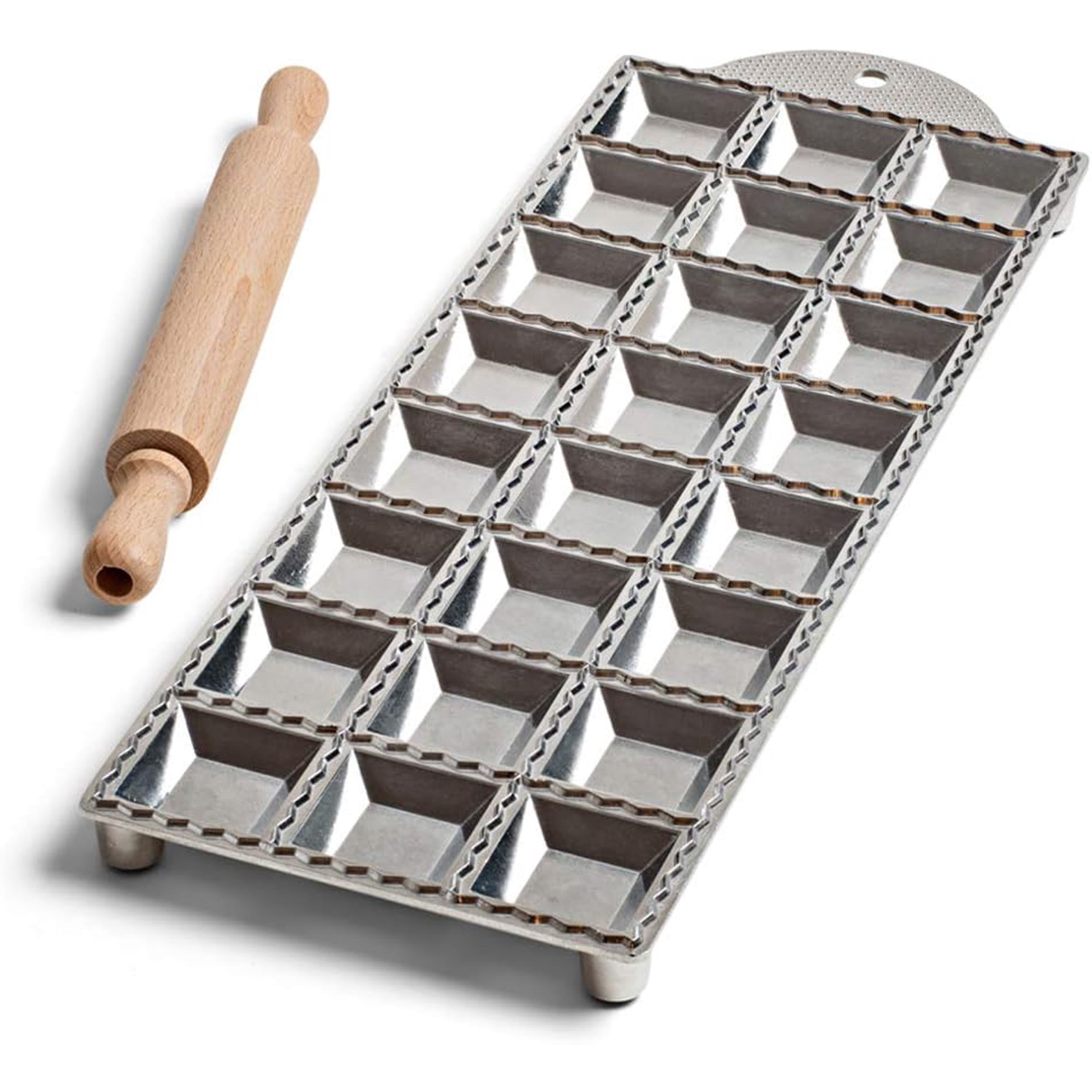 Kings County Tool Square Ravioli Maker Mold | Produce 2” Square Shape | Easy to Use | Wooden Pasta Roller Included | Non-Slip Rubber Foot Insert | Kitchen Necessity | Made in Italy