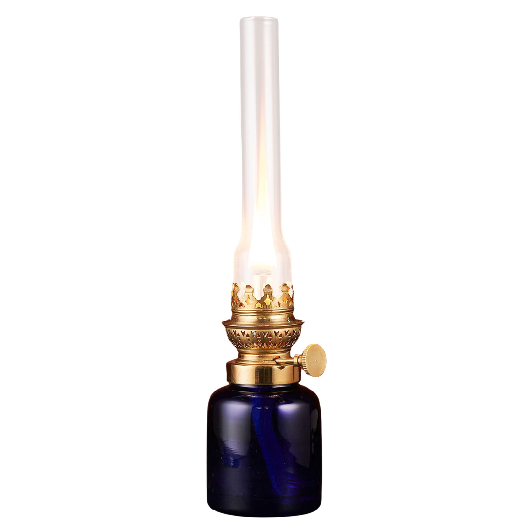 Kings County Tools 13” Oil Lamp with Antique-Style Glass Body and Brass Accents (Blue)